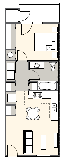 Floor plan for 1 bed, 1 bath, 584 sqft